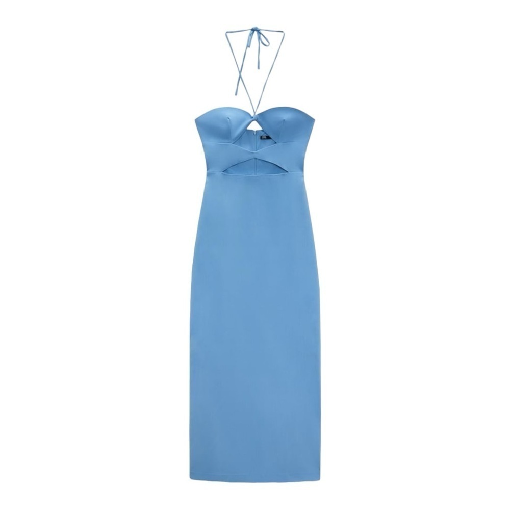 ZARA Blue Cutout Halter Sleeveless Bodycon Midi Cocktail Dress Size XL NWT - Picture 12 of 15